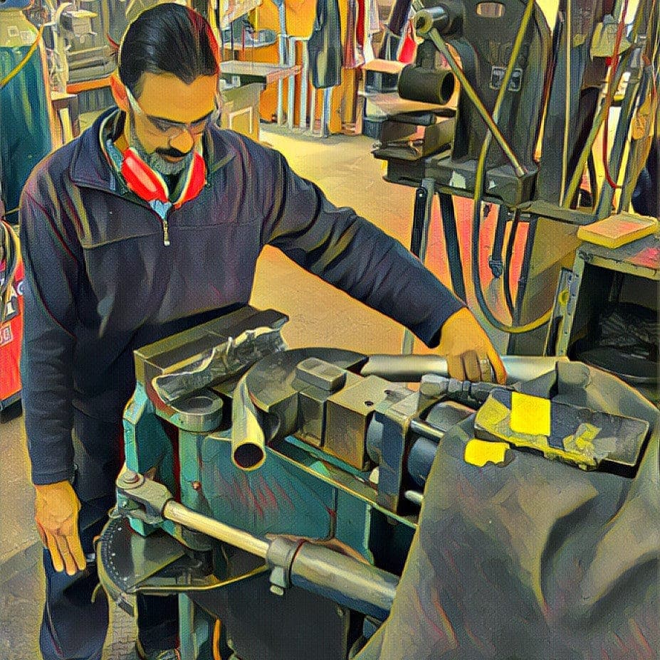 AllBars fabricator hand-finishing an alloy bar at the bench