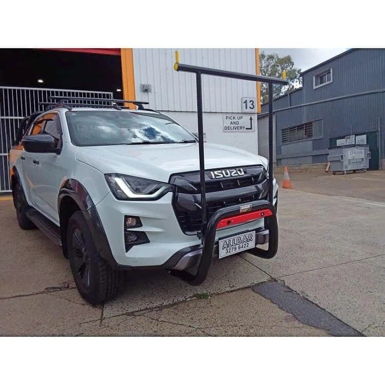 White Isuzu D-MAX fitted with an AllBars nudge bar at the Brisbane workshop