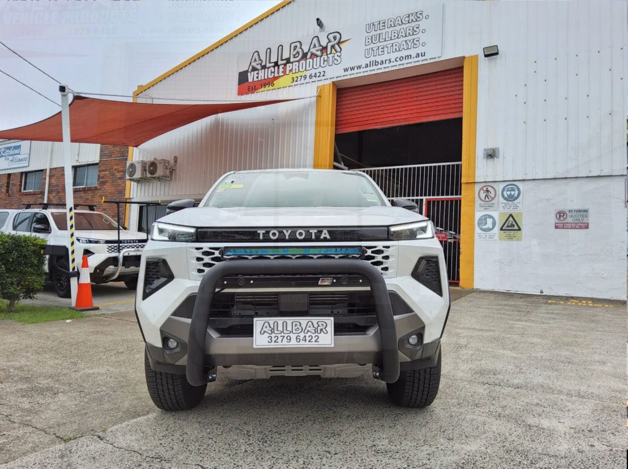 Toyota HiLux with AllBars powder coated bullbar at the workshop